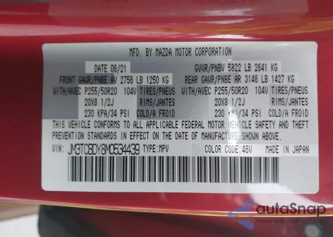 2021 Mazda Cx-9 Grand Touring from USA, damaged, VIN JM3TCBDY8M0534439